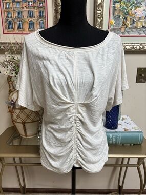 PILCO Anthropologie White Cotton Knit Ruched- Front Slub Casual Tee Size S